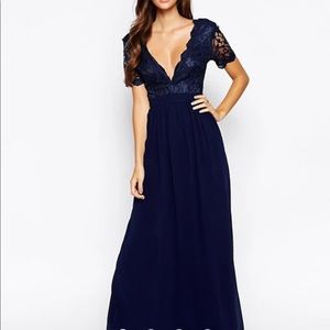 Navy Maxi Dress with Scallop Lace Plunge